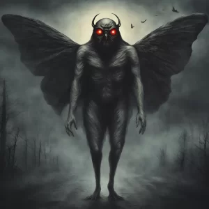 A rendering of the Mothman, standing tall with red eyes and large wingspan.